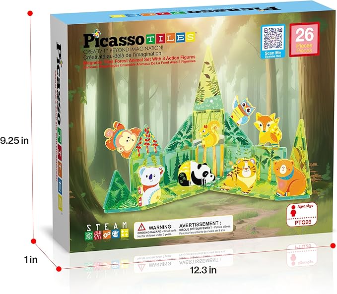 PicassoTiles Magnet Tile Building Blocks Forest Animal Themed Playset with 8 Character Action Figures Educational STEM Learning Construction Kit Pretend Play Magnetic Tiles Toddler Kids Ages 3+ PTQ26