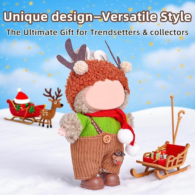 17cm Doll Clothes Set (No Doll), 5 Pieces Outfit Set for 6.7inch Dolls Suit, Stylish Adorable Dolls Christmas Clothes Accessories,Includes—Moose hat + Scarf + Top +Overalls+ Shoes(Style G)