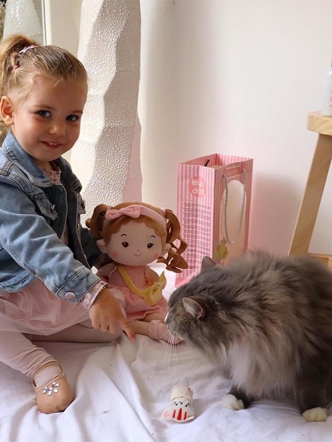 LeyaDoll Personalized Soft Baby Doll Toys (16''), My First Baby Rag Doll for 1 Year-Old Girl Birthday Gift, Christmas Plush Toys Gift for Toddler Kids Infants-Daydream-Mia-and-Her-Pet-Cat