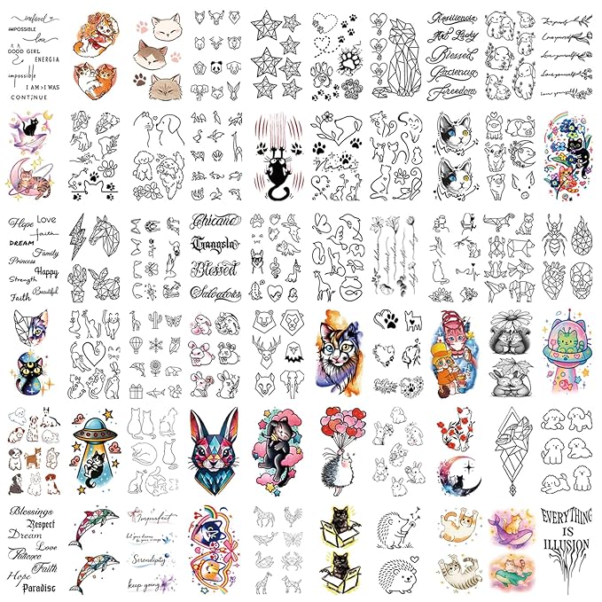 Temporary Tattoos for Kids and Adults, 77 Sheets Waterproof Cat Dog Animal Designs, Colorful and Long Lasting