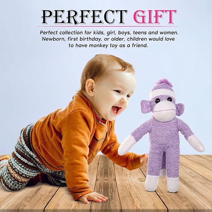 Adorable Sock Monkey, The Original Traditional Hand Knitted Stuffed Animal Toy Gift-for Kids, Babies, Teens, Girls and Boys Baby Doll Present Puppet (16" Purple)
