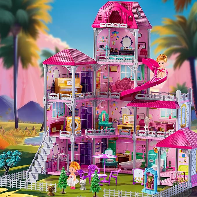 Villa Playset for Girls Ages 3-7, 4-Storey House with 10 Rooms, 2 Dolls, Furniture and Accessories, Indoor Playset Girls Toys for Ages 6-8, Pretend Toddler Toys, Birthday Gifts for Kids 4-8