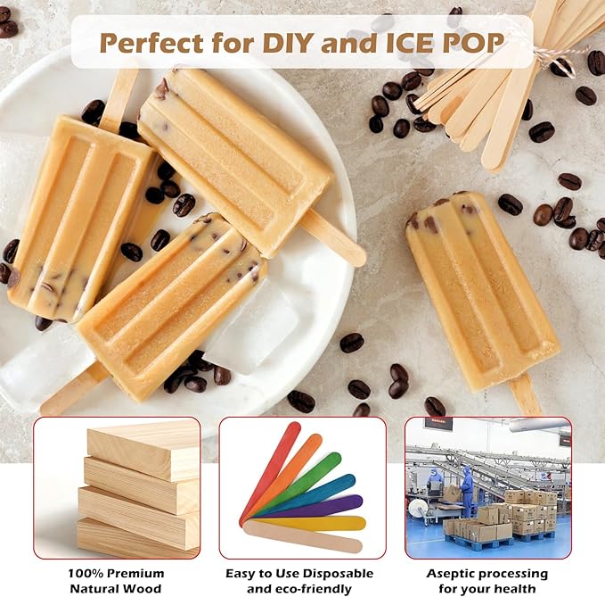 200 Piece Multicolor Popsicle Sticks - 4.5 Inch Natural Wood Craft Sticks for Waxing,Craft Project, Tongue Depressor,DIY Classroom Crafts,Woodcraft (Wood, Rainbow)