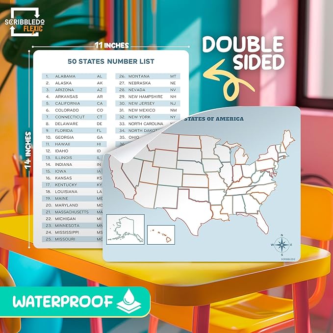 SCRIBBLEDO US Map Practice Sheets 11'x14' Dry Erase Sheets for Homeschool, Classroom Pack of 10