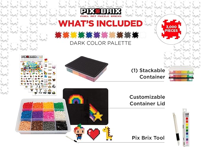 Pix Brix Pixel Art kit Puzzle Bricks - 3,000 Piece Pixel Art Container, 12 Color Dark Palette - Interlocking Building Bricks, Create 2D and 3D Builds Without Water or Glue - Stem Toys, Ages 6 Plus