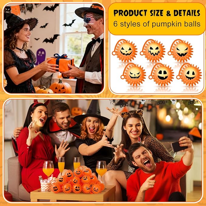 Sotiff 60 Pcs LED Halloween Pumpkin Stress Bouncy Light up Balls Spiky Squeaky Rubber Sensory Ball for Halloween Holiday Decors Gift Bag Stuffers Party Favor Fillers