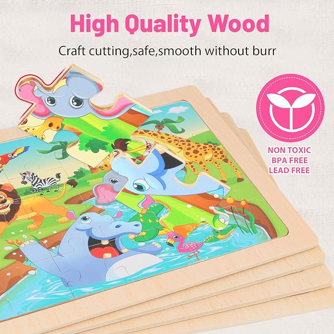 Wooden Puzzles for Kids Ages 4-6, 24 Piece Animal Dinosaur Marine Farm Jigsaw Puzzles 4 Packs, Preschool Toddlers Learning Activity Puzzles Toys for Boys Girls 3 4 5 6 Years Old