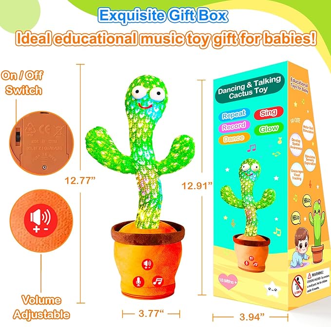 Volume Adjustable Dancing Talking Cactus Toy, Interactive Baby Toys Mimicking Singing Repeating, Kids Baby Toys Gifts for Boys Girls, for Grandkids, Stocking Stuffers for Kids