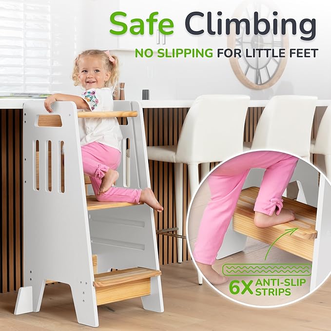 OCODILE Toddler Tower with a Sliding Door and 3 Adjustable Heights - Complete Toddler Kitchen Stool Helper with Support Feet - Safe Design for 18+ Months to 6-Year-Old Kids - White