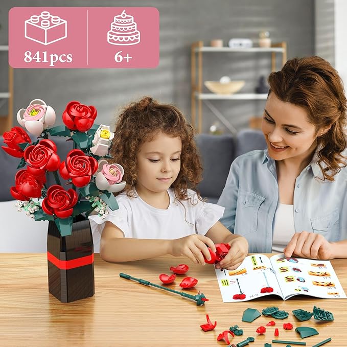 Flowers Bouquet Building Block, 841Pcs Roses Building Set with Vase, Home Office Creative Decoration, Valentine Day, Birthday, Christmas Ideal Gift for Kids, Adults