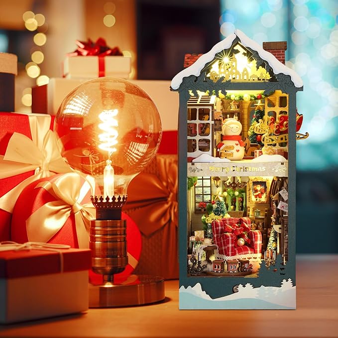 DIY Book Nook Kit, Miniature Bookshelf Decor with LED Lights, Laser-Cut Wooden Craft Set for Adults, Creative Gift for Christmas, Birthday, Xmas, Merry Christmas