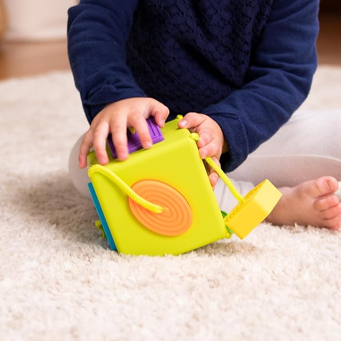 Fat Brain Toys OombeeCube, Toddler and Baby Toys 10 Months and Up, Travel-Friendly Shape Sorter with Tethered Shapes for Early Learning
