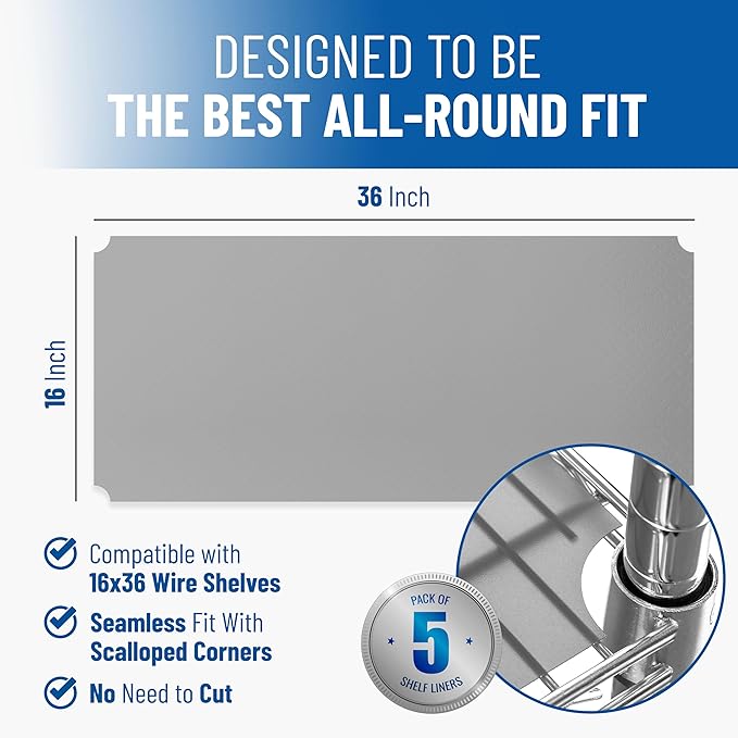 Sterling Shelf Liners for Wire Shelf System: Set of 5 in Graphite: 16 x 36 inch: Plastic Wire Shelving Mats