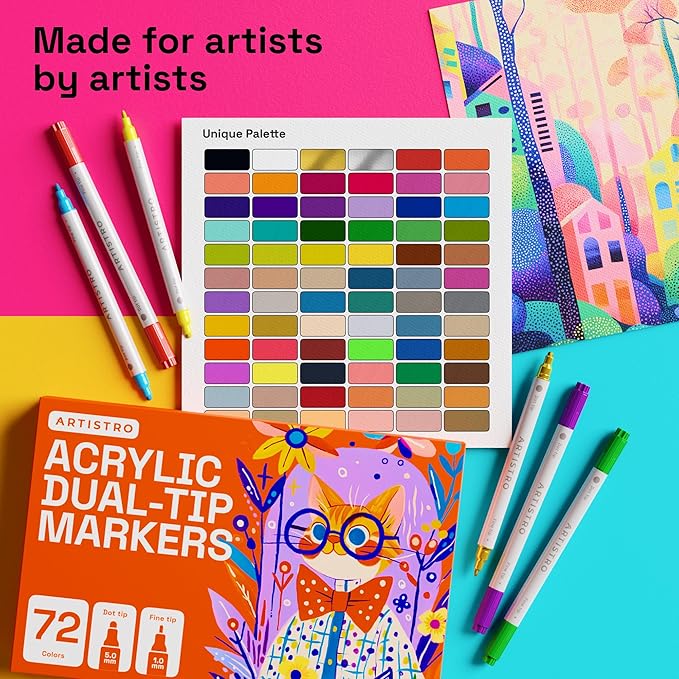 ARTISTRO 72 Acrylic Paint Markers for Rock, Fabric, Wood, Glass, Craft, Decoration - Dual-Tip Paint Pens - Stocking Stuffers, Christmas Gift Idea for Teens, Grandkids, Kids - Art Supplies