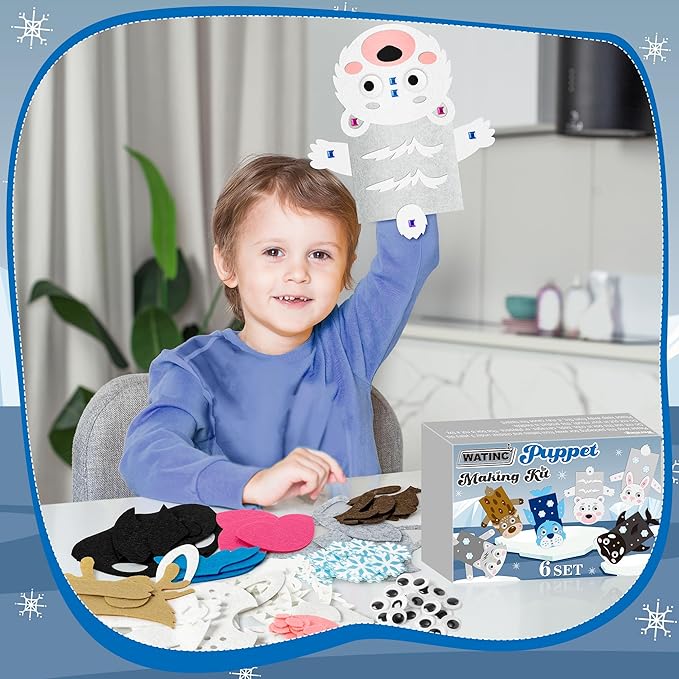 WATINC 6Pcs Hand Puppet Making Kit, Art Craft Felt Sock Puppet Toys, Creative DIY Make Your Own Pompoms Wiggle Googly Eyes Storytelling Role Play Party Supplies Gift for Girls Boys (Polar Animals A)
