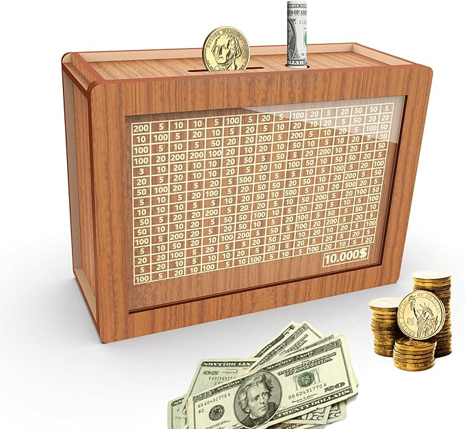 Piggy Bank for Adults Kids, Wooden Mony Bank Cash Vault Money Saving Box with Counter $10000 Savings Challenge Money Bank with Money Target and Numbers (Brown $10000)