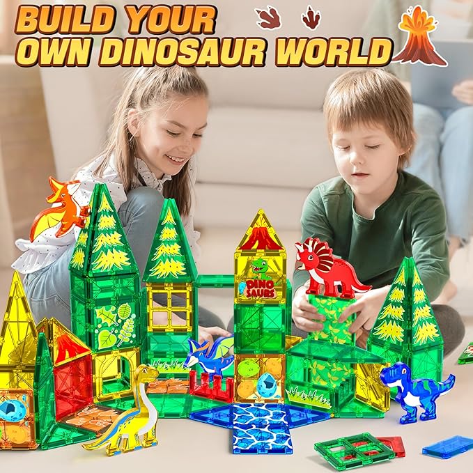 Magnetic Tiles Dinosaur Toys for Kids 3-5 4-8 Magnet Building Blocks Toddler Toy - Dino World Magnetic Toys STEM Creative Games Christmas Birthday Gifts for 3＋ Years Old Boys Girls
