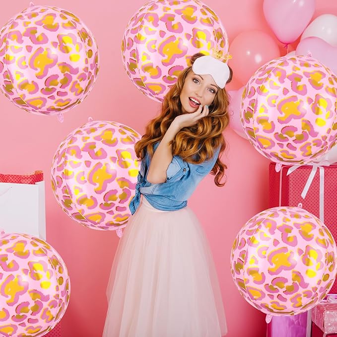 6Pcs 22 Inch Pink Leopard Print Foil Balloons, Large Metallic Round Animal Print Balloons for Jungle Safari Theme Birthday Party Decorations