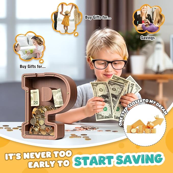 Summidate Wooden Letter Piggy Bank, Extra Thick Large Capacity Piggy Bank for Kids Boys Girls Toddler, Alphabet P Money Bank| Coin Box Birthday, Christmas, Festival