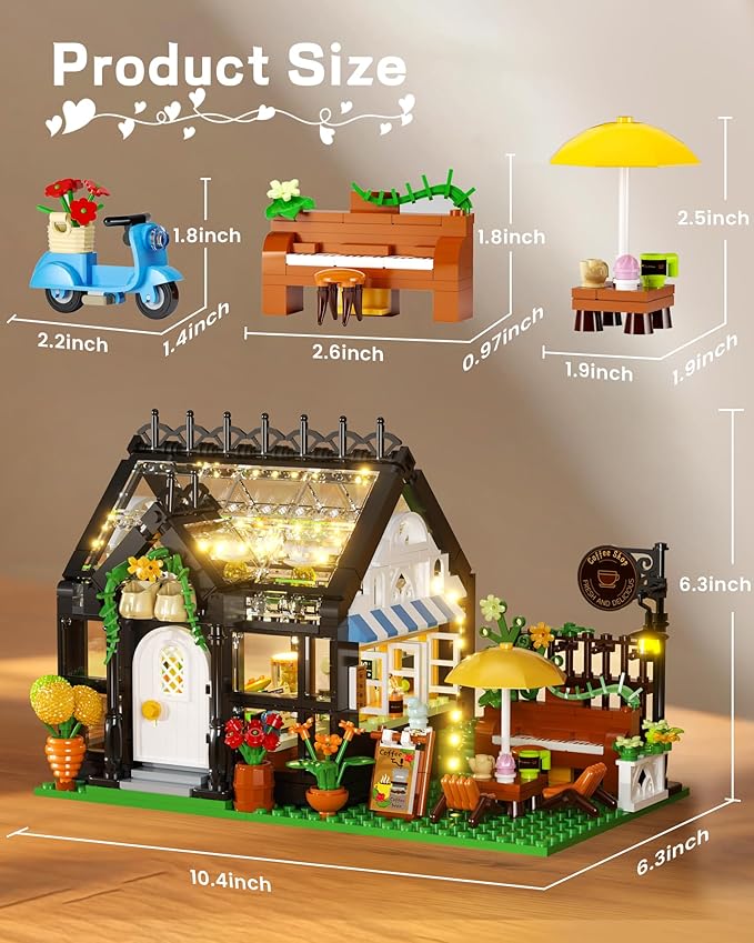 Flower House Building Set, Coffee Shop Outdoor Parasol and Piano Building Kits with Lights, Greenhouse Model Halloween for Girls, Home Decor Office Coffee Bar Display