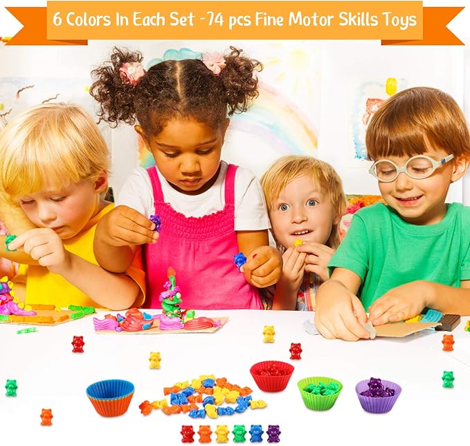 74 Pieces Counting Sorting Bears Sensory Bin Tools Fine Motor Skills Handy Scoopers Set Includes 60 Cute Rainbow Sorting Bears, 6 Jumbo Tweezers, 2 Scissors Clips and 6 Colorful Cups