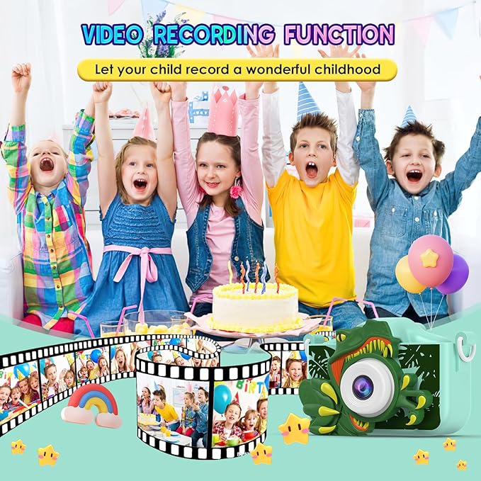 Dinosaur Camera for Kids with Cartoon Silicone Cover, Digital Mini Camera Toys for 3 4 5 6 7 8 9 10 11 12 Year Old Boys Girls Birthday Chirstmas Gifts Ideas - Personal Video Players (T-REX Green)