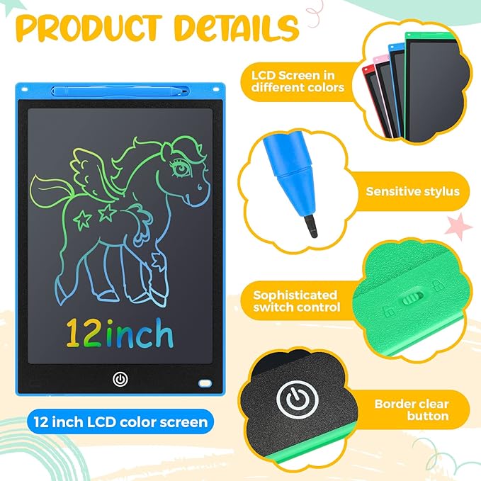 Epakh 4 Pcs 12 Inch LCD Writing Tablet Doodle Board for Kids Digital Erasable Drawing Pad with Colorful Screen Educational Christmas Gift for 3-10 Years Old Girls Boys(Colorful)