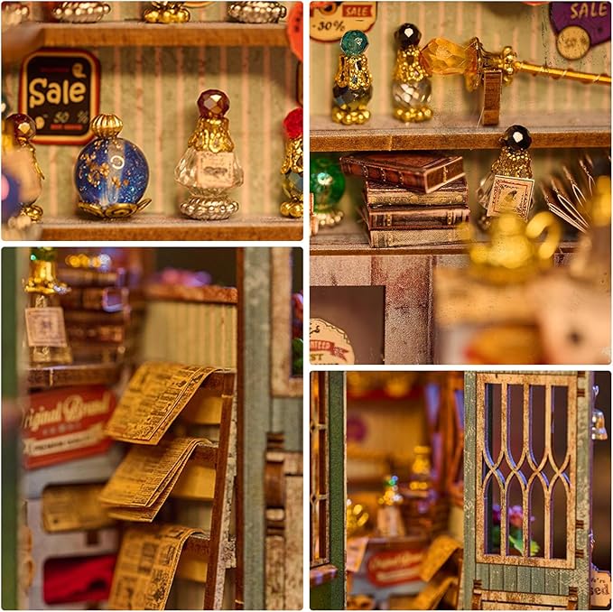 DIY Book Nook Kit, Miniature Bookshelf Decor with LED Lights, Laser-Cut Wooden Craft Set for Adults, Creative Gift for Christmas, Birthday, Magic Shop
