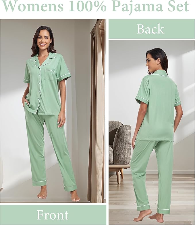 CF Womens 100% Cotton Pajamas Set Button Down Pjs Sets Short Sleeve Top & Long Pants Sleepwear Comfy Loungewear with Pockets