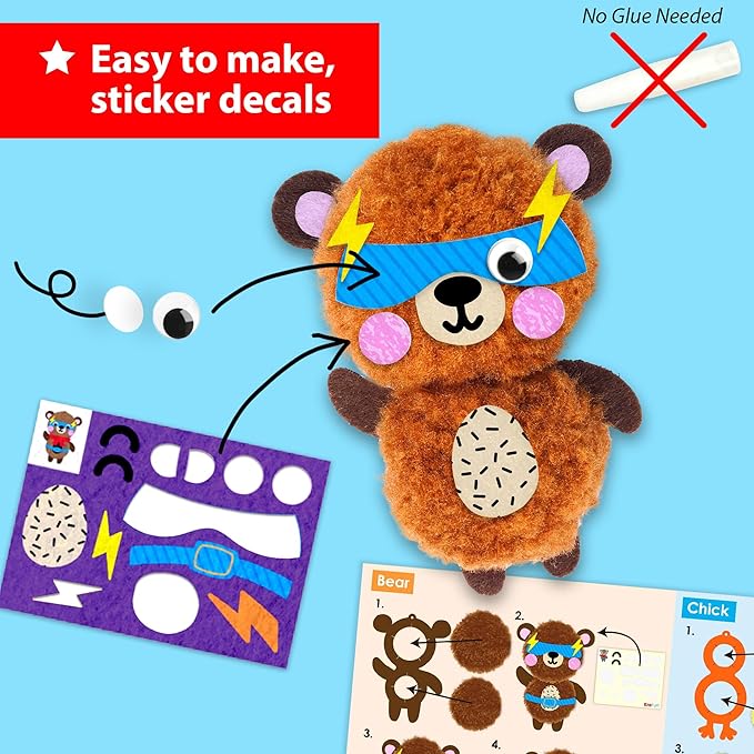 KRAFUN Easy Pom Pom Craft Kit for Kids, 8 Animal Crafts (Bear, Bunny, Panda), Felt Stickers, Instructions, Creative DIY Set for Girls and Boys, Educational Toy
