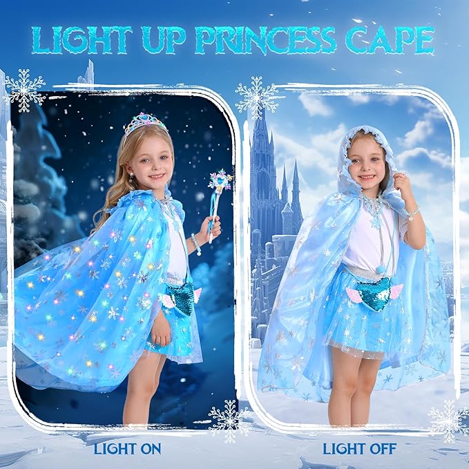 VGOFUN Princess Dress Up for Girls,10 PCS Light Up Princess Cape Set Toddler Dress Up Clothes Princess Costume Toys with Light Up Tiara Wand Halloween Christmas Birthday Gift for 3,4,5,6,7,8 Years