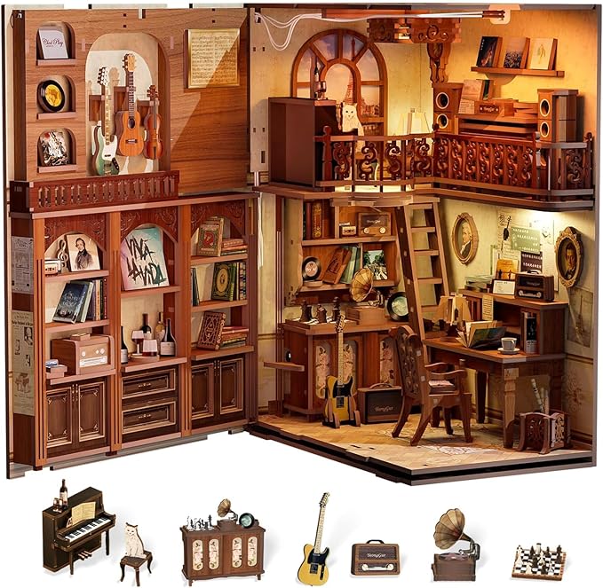 Fsolis Book Nook Kit Music, DIY Miniature Room House Kit 3D Wooden Puzzles for Adult Decorative Bookend Bookshelf Nook Decor Gifts for Women Teens and Book Lovers(The Secret Rythm)