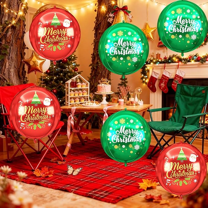 Xmas Foil Balloons Red Green Merry Christmas Printed, 6 Pcs Xmas Round Balloons, 22 Inch Big Round Foil Balloon For Christmas Party Decorations