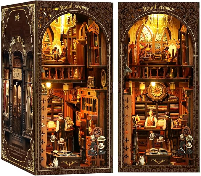 Book Nook Kit - DIY Miniature Dolls House Kit with Furniture and LED Light, 3D Puzzle Wooden Art Bookends, Model Kits for for Adults and Teens (Royal Tailor Shop)