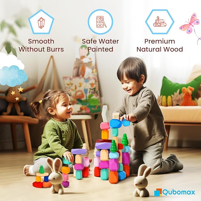 Wooden Stacking Rocks - 40 Pcs Montessori Sensory Learning Toys for Kids 3-9 | Balance Building Blocks Educational STEM Toys for Boys Girls