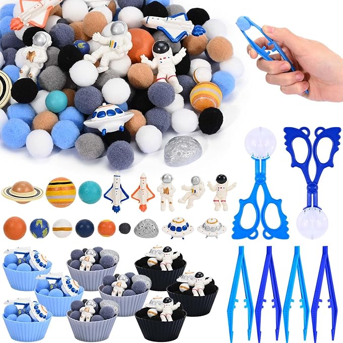 152 Pcs Space Sensory Bin Fillers Outer Space Fine Motor Skills Astronauts Sensory Bin Item Pompoms Cups Tweezers Scissor Clips for Preschool Education Activities Sorting Counting