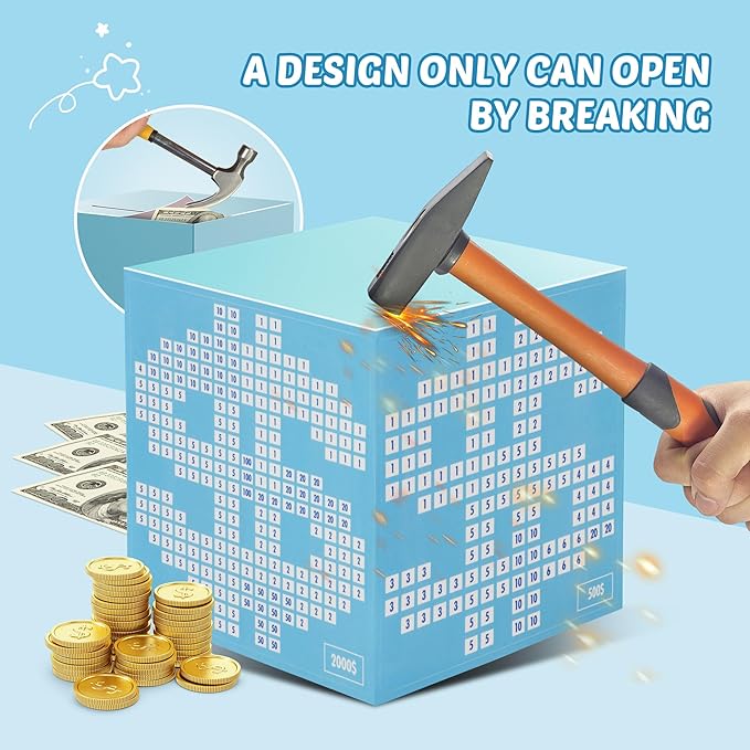 Primo Lines Piggy Bank for Adults Must Break to Open, with Savings Counter & Goal Tracker, Unbreakable Stainless Steel Money Box for 10K Challenge $3000 $5000, Kakeibo (4.72 Inch)
