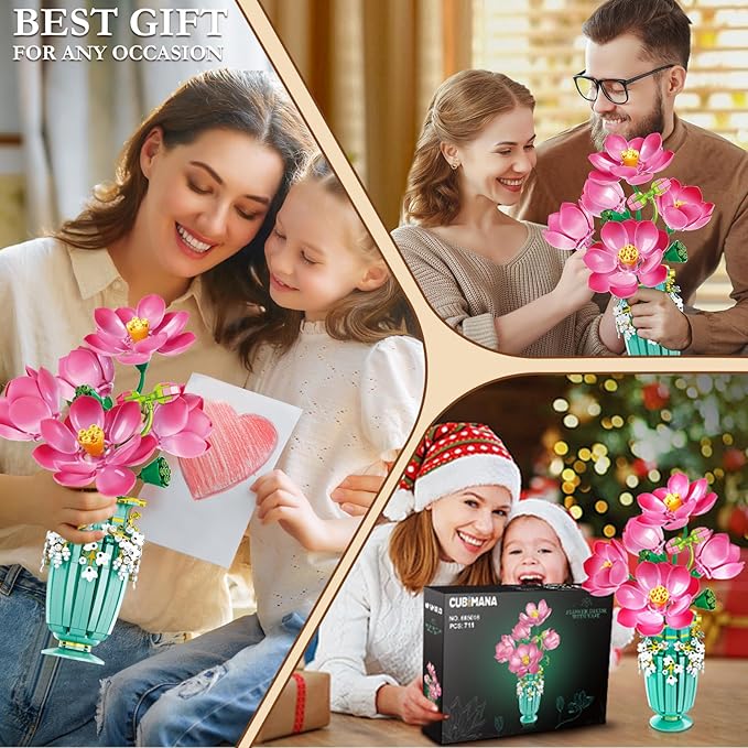 Flower Bouquet Building Set with Vase - 711 PCS Artificial Flower Building Block Toy, Fake Indoor Flower for Home Office Decor Table Display, Christmas Anniversary Birthday Gifts for Adults Women