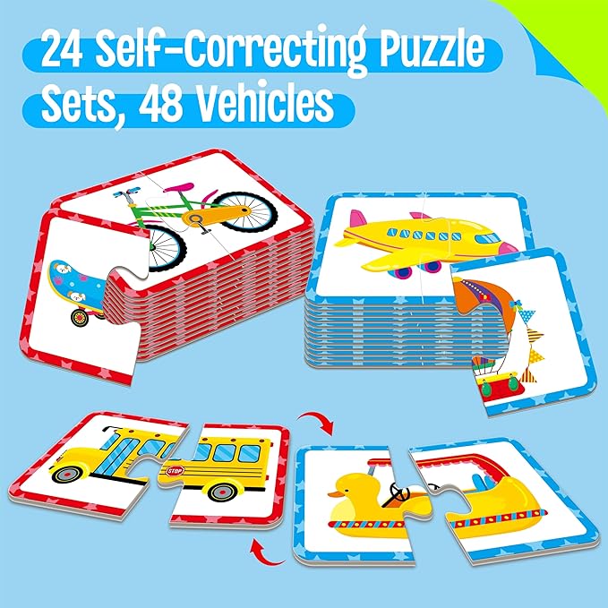 48 Vehicle Matching Puzzles, Self-Correcting Puzzle Match Game Educational Learning Activities for Toddlers, Preschool, Transportation-Themed Learning Games Toys for 3 Years Old