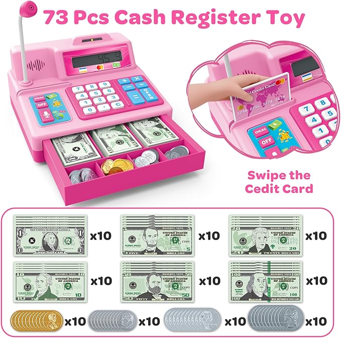 BAODLON Calculator Cash Register - 103 Pcs Pink Toy Cash Register, Microphone, Credit Card and Banking for Kids, Early Math Skills Toys Gifts for 3, 4, 5, 6 7 8+ Years Old Boys Girls