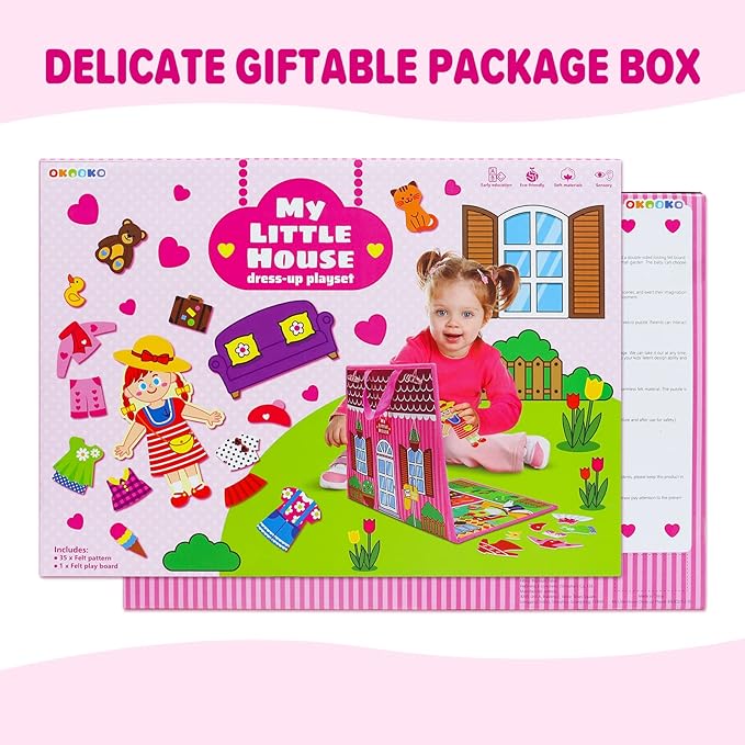 OKOOKO Dress Up House Felt Board 35PCS Double-Sided Foldable Dress Up Teaching Girls Toy Preschool Crafts Storytelling Early Learning Interactive Play Kit for Toddlers Kids