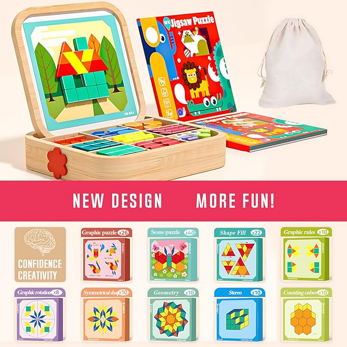 288 PCS Wooden Magnetic Pattern Blocks Set – Montessori Tangram Puzzle with Pattern Cards & Storage Bag | Preschool Montessori Brain Teaser, STEM Gift for 3-8 Years Old Toddler Kids
