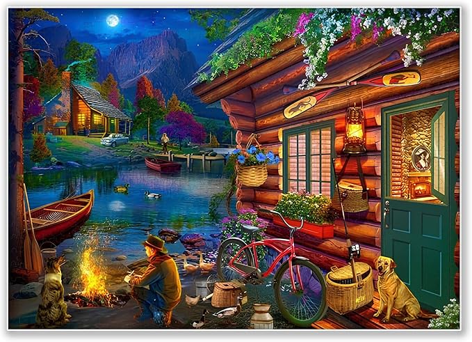 500-piece Moonlit Night Lakeside Cabin time Adult Wooden Puzzle, Intellectual Challenge, Stress-Relieving Puzzle, Relaxing Family Activity, Decoration, Size: 20.5 x 15 in