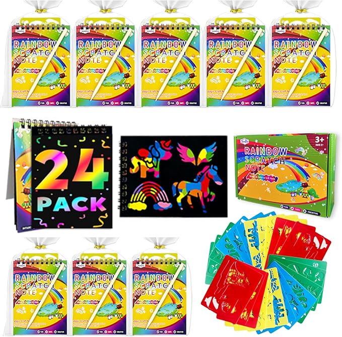 Decojoy Party Favors for Kids 4-8, Scratch Art Birthday Return Gifts, Bulk Rainbow Scratch Paper Notebook 24 Sets Supplies, Cool Craft Kit Goodie Bags Stuffers for Girls Boys School Classroom