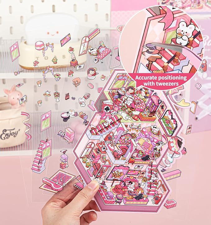 DIY 3D House Stickers, 4 Sets Fun DIY Stickers Scene Make Your Own Mini House Cute Cartoon Animal Scene Stickers for Kids Adult Sticker Art Relief Stress Pass The Time- Large Size