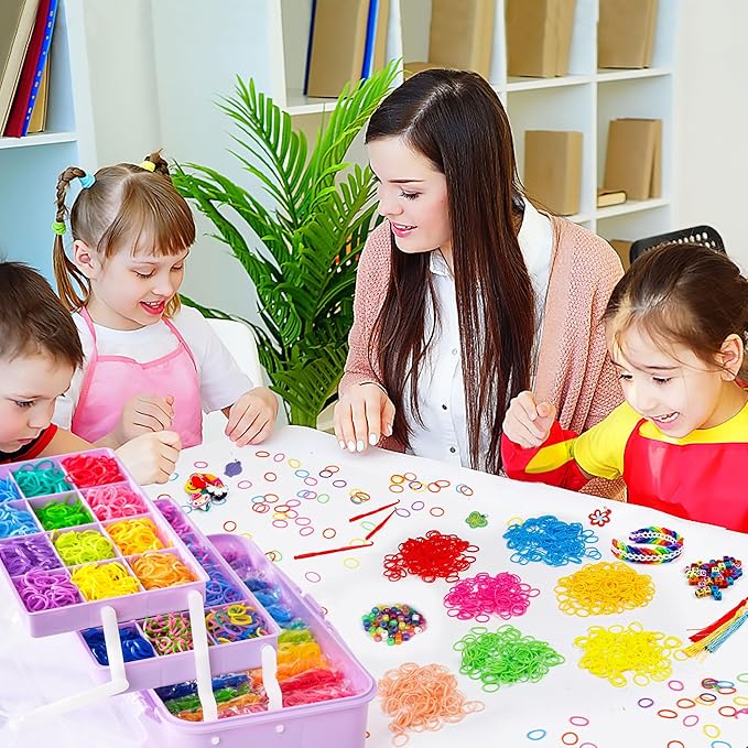 INSCRAFT 17500+ Rubber Loom Bands with 3 Layer Light Purple Container, 28 Colors, 600 S-Clips, 352 Beads, 40 Cartoon Pendant, Bracelet Making Refill Kit for Kids