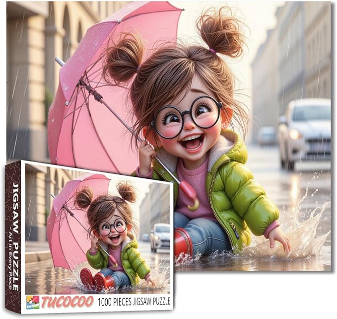 Tucocoo Cute Cartoon Jigsaw Puzzle for Adults 1000 Piece, Girl in Rain with Umbrella, Fun Whimsical Rainy Day Scene Puzzles, Colorful and Challenging Puzzle Gift for Adults, Teens, and Puzzle Lovers