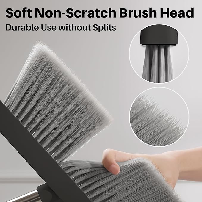JOYMOOP 2 Pack Broom and Dustpan Set, Black and White Combo, Upright Angle with Built-in Comb Teeth for Pet Hair and Hard Floors
