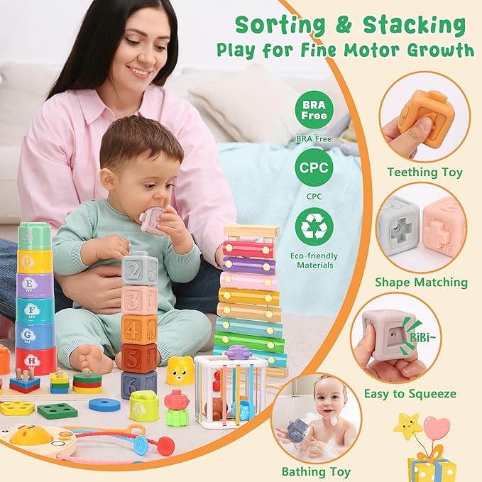 Montessori Baby Toys 6-12 Months Sensory Boxes & Teethers. 6-in-1 Stacking Blocks with Crab Design. Shape Sorting & Sensory Toys for 6-36 Months Babies.