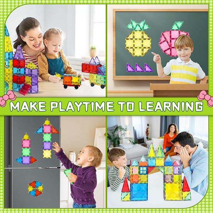 Magnetic Tiles, 100PCS Kids Magnetic Blocks Toy Set, Magnet Tiles 3D Clear Building Blocks Set with 2 Cars, STEM Sensory Educational Toys Gift for Toddlers Boys 3 4 5 6 7 8 9